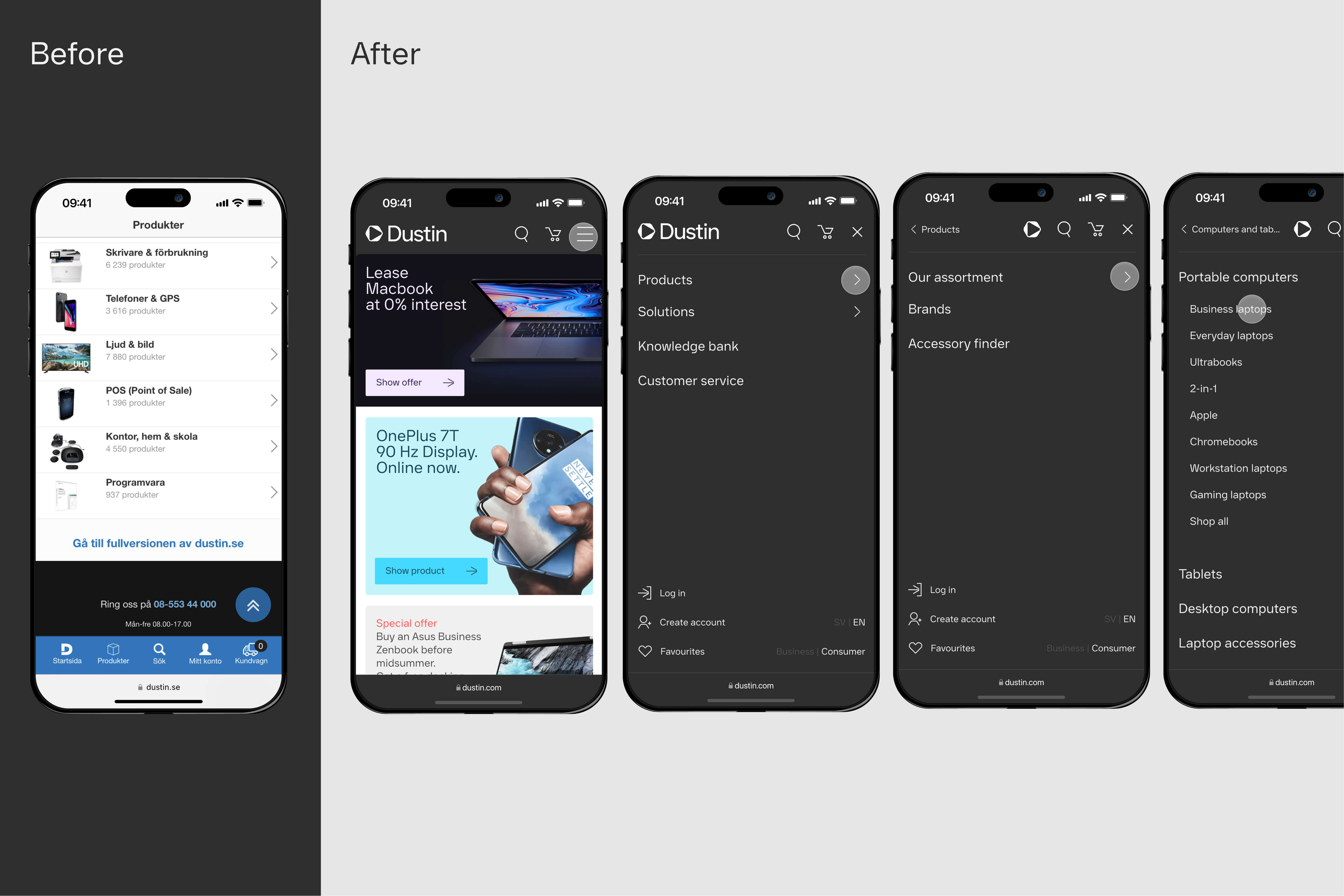 Main navigation on mobile before and after redesign.