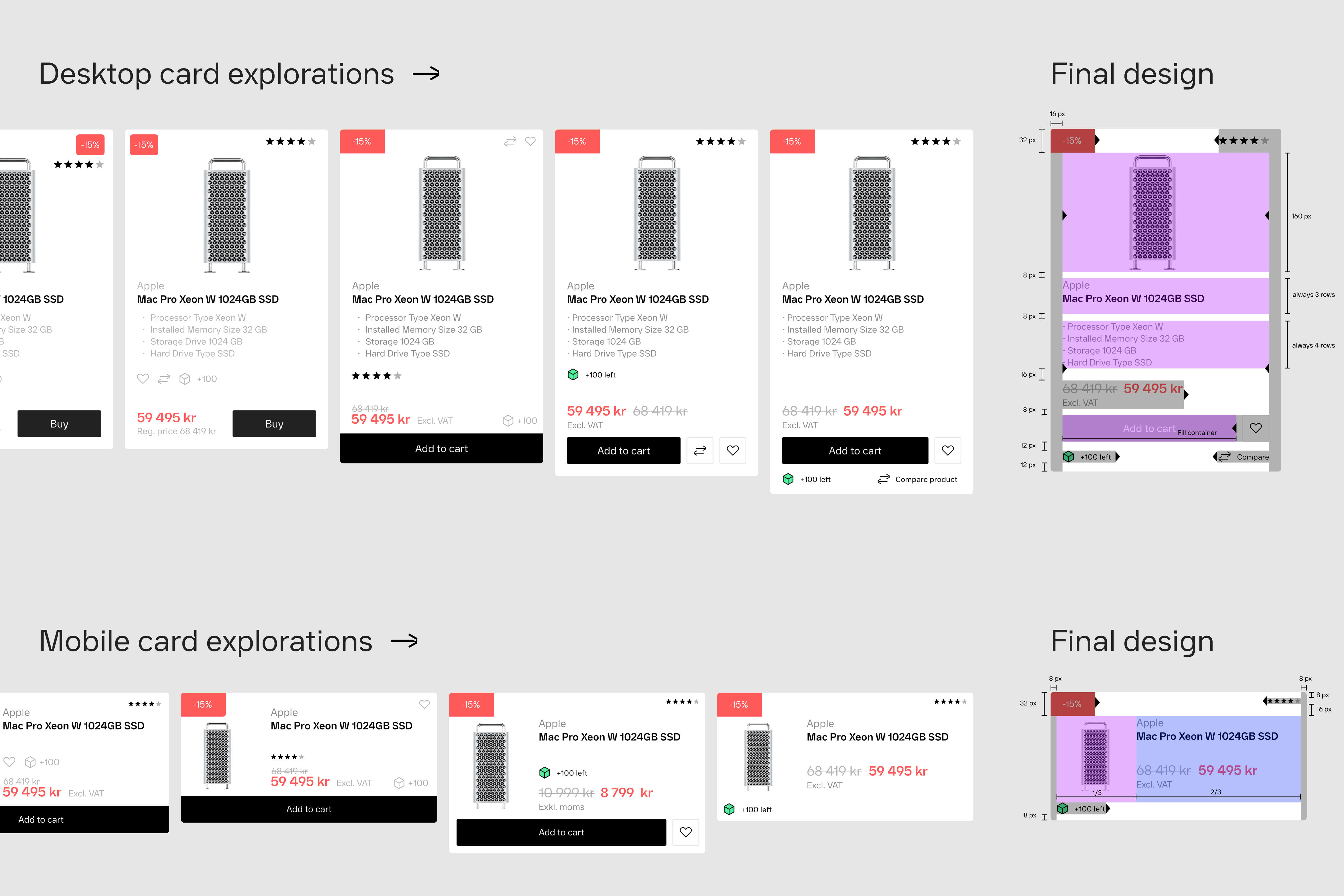 New product card design. Iterative design process excerpt