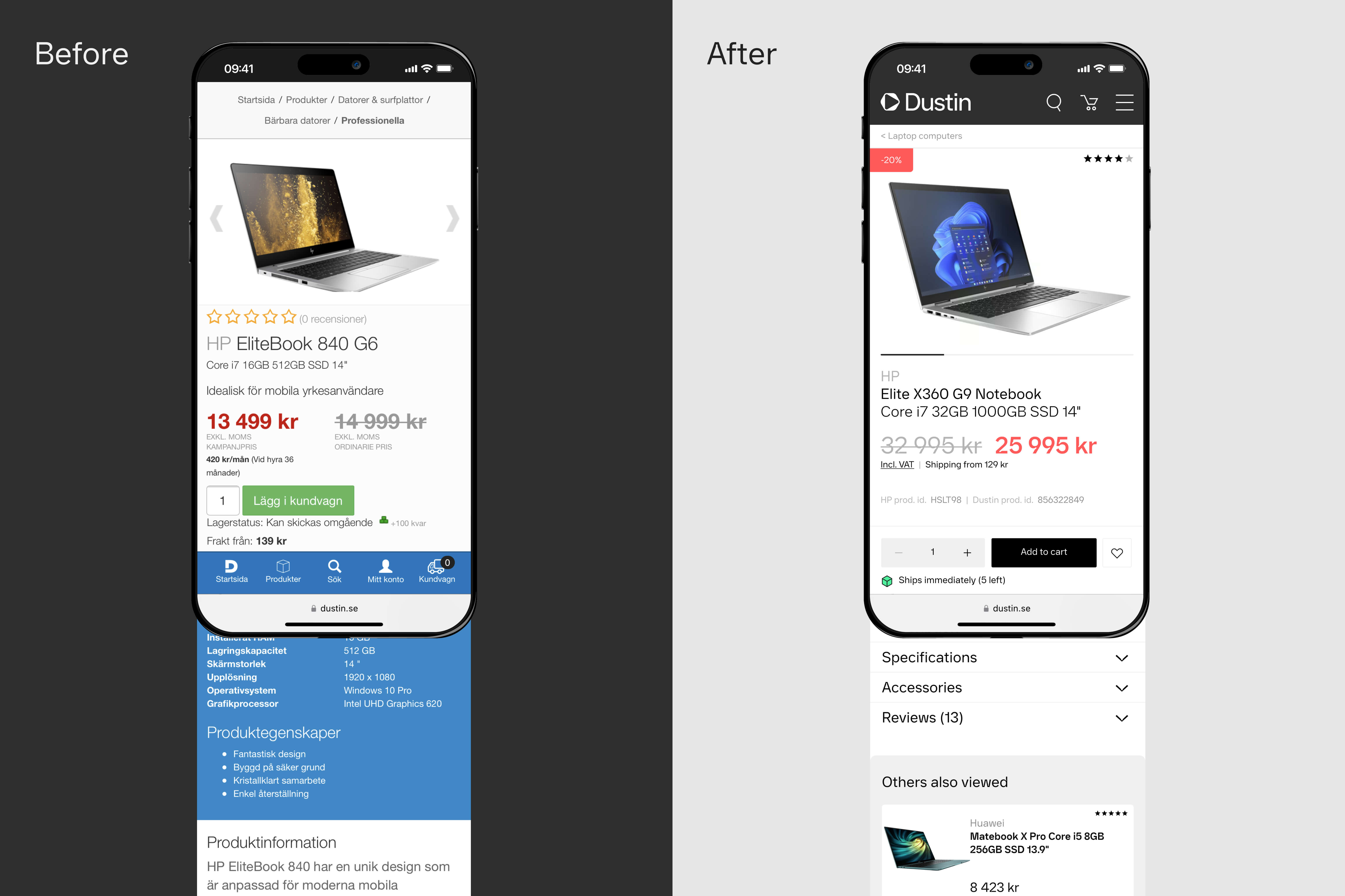 The product page before and after the redesign.
